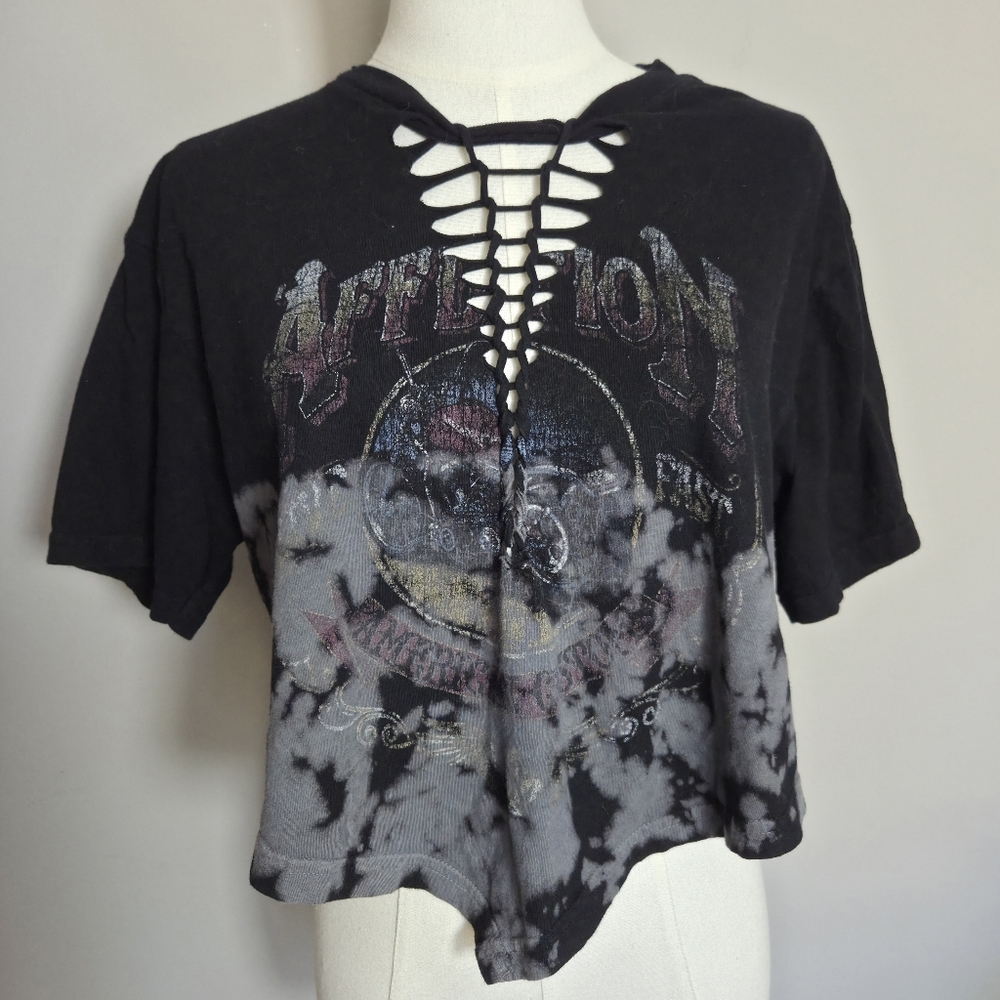 Affliction Lace Up Graphic Crop Top Acid Wash Y2K Grunge